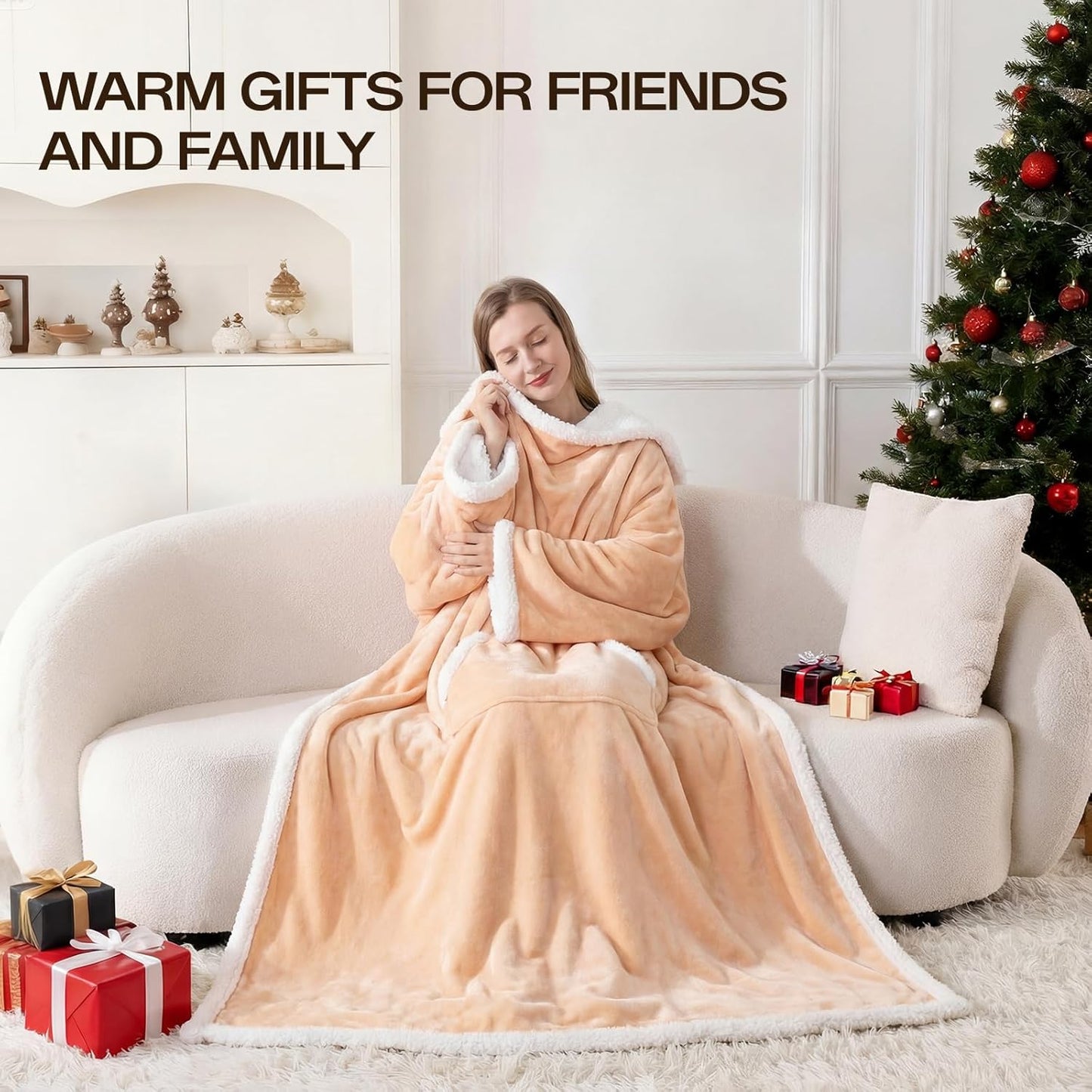Wearable Heated Blanket with Foot Pocket, Wearable Electric Throw Blanket with Sleeves, Flannel & Sherpa Heated Throw Blanket with 6 Heat Settings, 1-12 Hours Auto Shut-Off, 52"x72", Beige