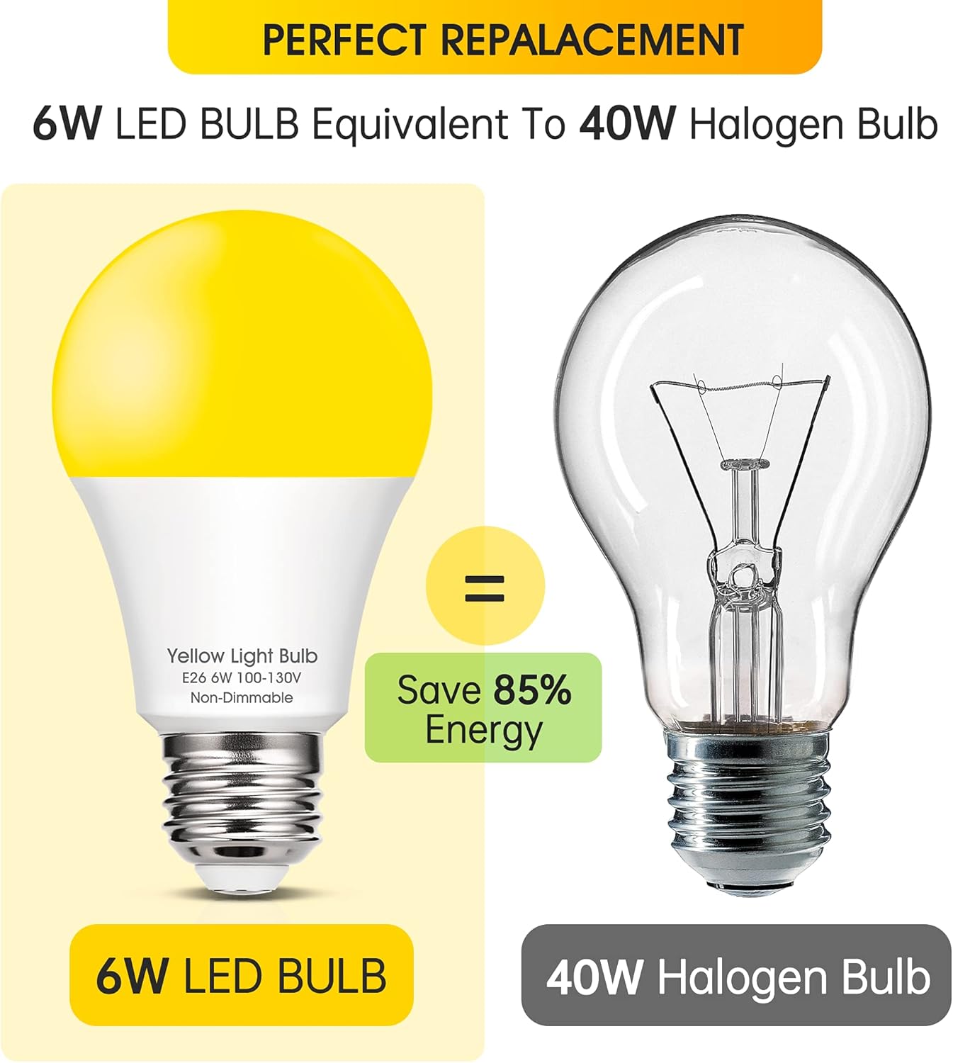 EvaStary Yellow LED Light Bulb Outdoor, 6W Bug Light Bulbs 40W Equivalent Outside, A19 LED Amber Bedroom Night Lights, Warm LEDs Hallway Lighting Decorative Lamps, 4 Pack