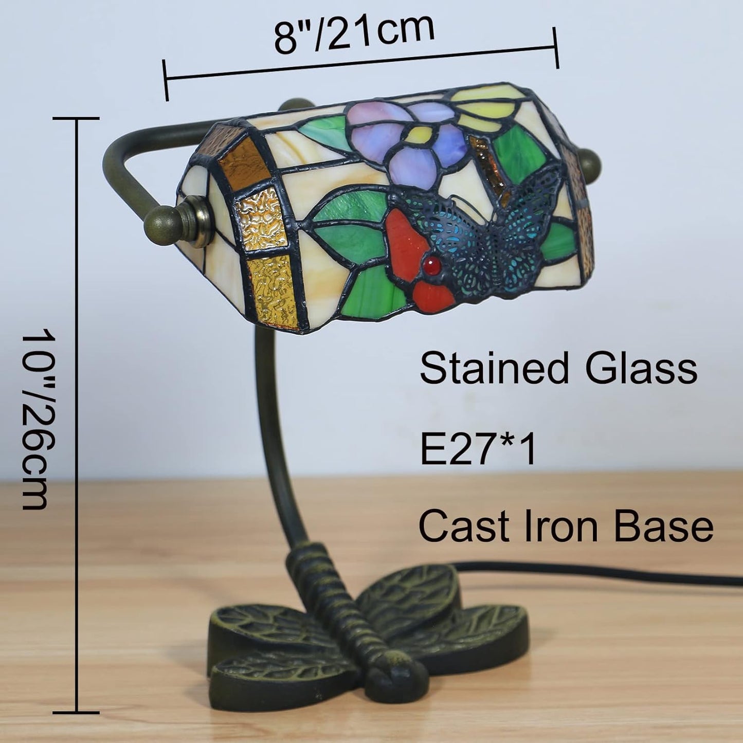 Mini Small Banker Lamp Tiffany Office Desk Lamp Stained Glass Table Lamp Luxury Memory Adjustable Accent Piano Reading Lamp for Living Room Bedroom Library Dragonfly Cast Iron Base,Butterfly