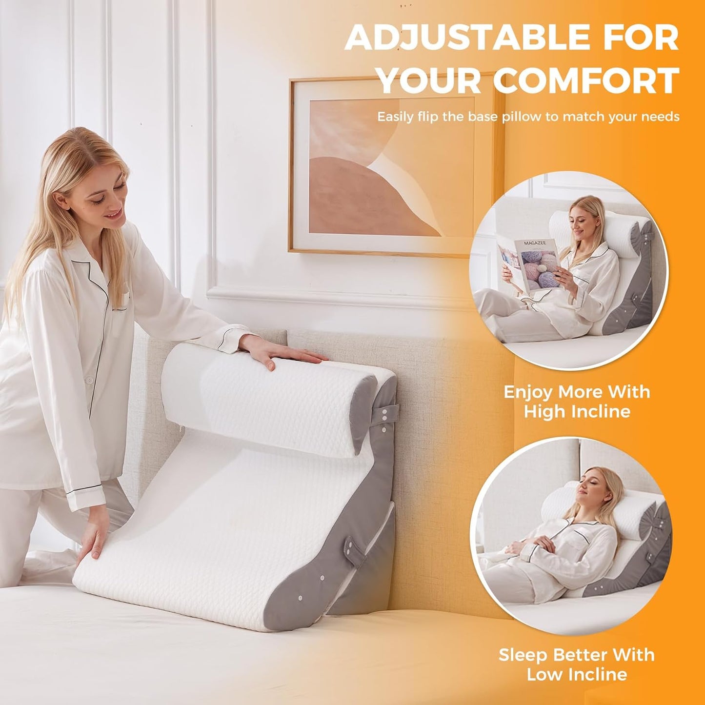 3PCS Wedge Pillow Set for After Surgery, Adjustable Back Pillow for Bed Sitting up, Acid Reflux, Bed Wedge Pillow Headboard for Sleeping & Snoring, Orthopedic Pillow for Post Surgery, White