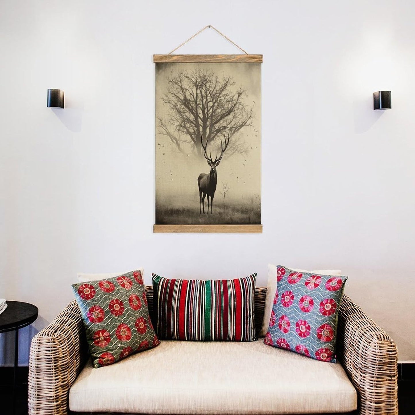 Vintage Abstract Tree Elk Picture Poster with Wooden Frame Personalized Linen Hanging Scroll Painting Rustic Wall Hanging Illustrative Modern Artwork Decor for Home Living Room Bedroom Office