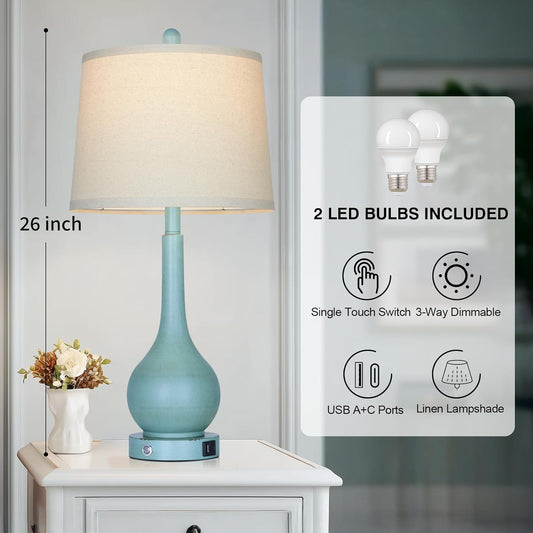26" Farmhouse Table Lamps for Living Room Set of 2, 3-Way Dimmable Touch Control Bedside Lamp with USB A+C Ports, Retro Blue Nightstand Lamps for Bedroom (2 LED Bulbs Included)