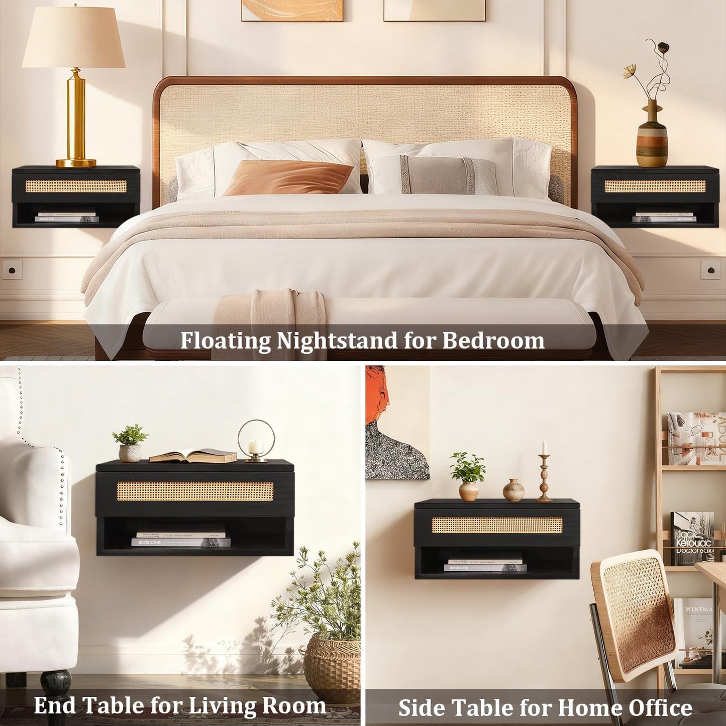 Floating Nightstand, Small Modern Rattan Floating Nightstand with Drawer, Floating Shelves for Bedroom, Bathroom Minimalist and Unique Style 16”x 10”x 8”Black