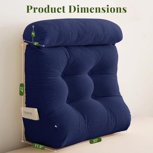 Sasttie Wedge Pillow Set, 2PCS Reading Pillow for Sitting, Bed Wedge Pillow Headborad for Sleeping, After Surgery, Acid Reflux, Leg and Back Support, with Neck Cushion, 23"x11.5"x30", Navy