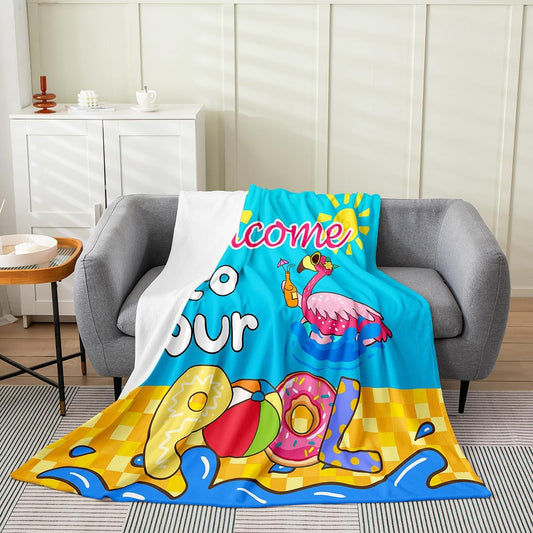 Hawaii Summer Flannel Blanket,Cartoon Flamingo Tropical Animal Swimming Pool Throw Blanket,Geometric Grids Cozy Throws for Bed Couch Sofa,Blue Soft and Breathable,Throw Size (50 x 60 Inches)