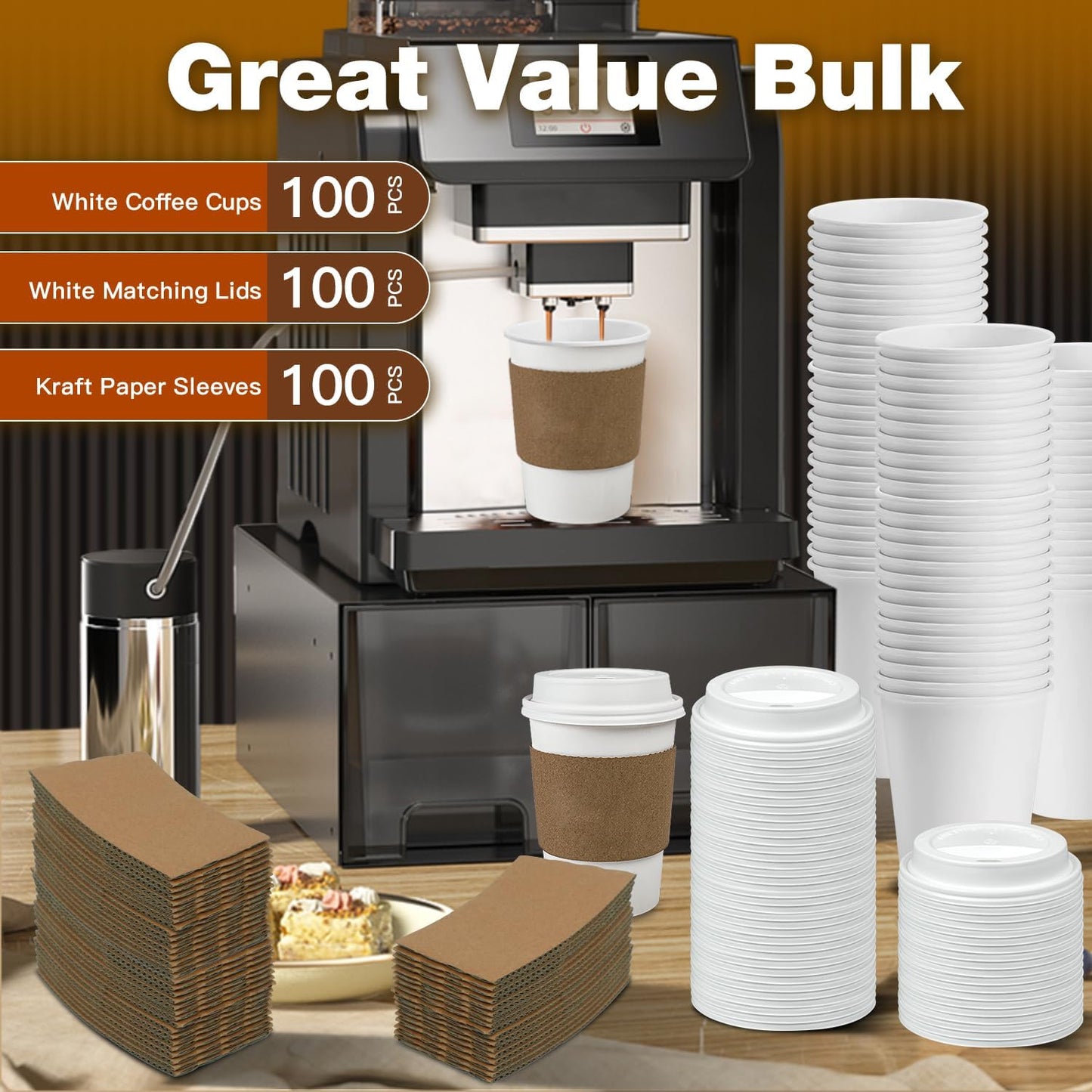 Ginkgo 100 Pack 12 oz Leak-Proof Coffee Cups with Lids and Sleeves Disposable To Go Hot Travel Paper Cups, Hot Chocolate, Cocoa, Tea, Coffee Bar Accessories