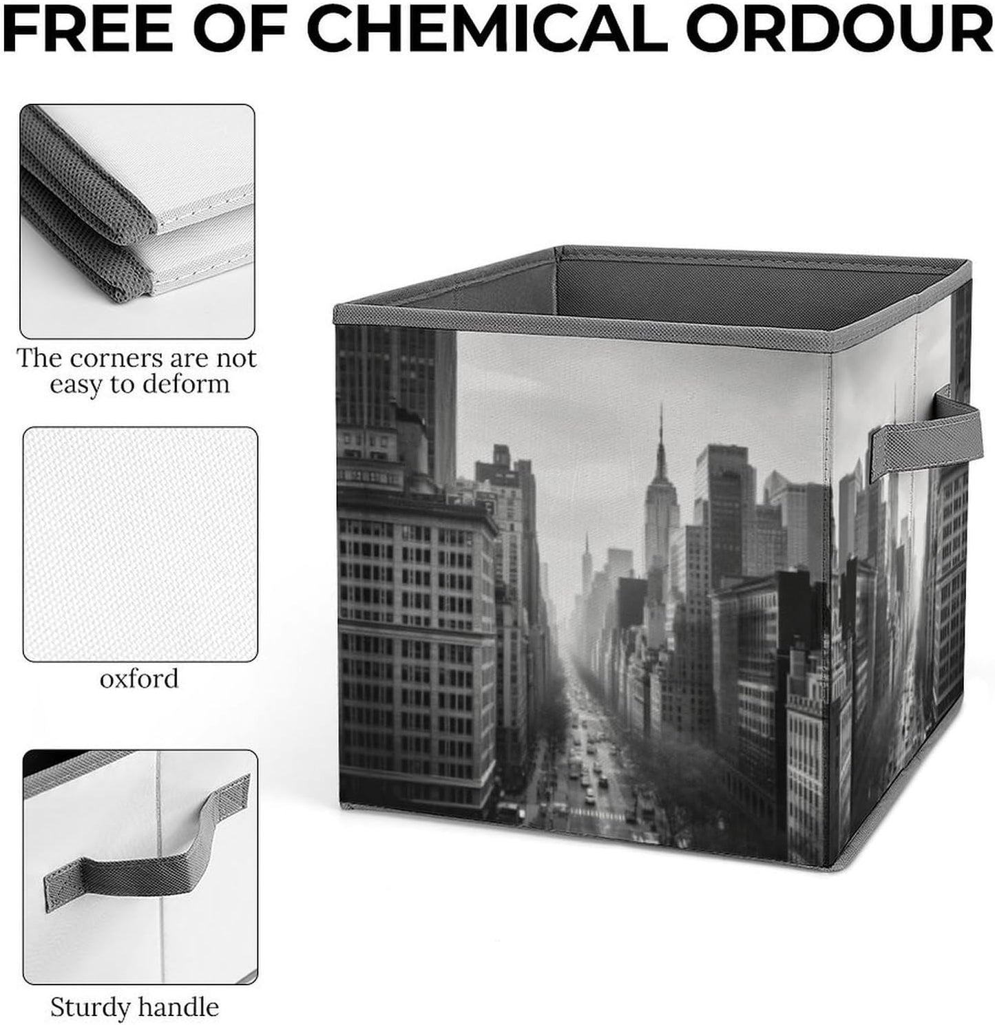 Black And White New York Storage Bins with Handles Fashion Large Storage Cubes Sturdy Foldable Storage Boxes Space-Saving Storage Baskets for Home Office Clothes Closet Organizers