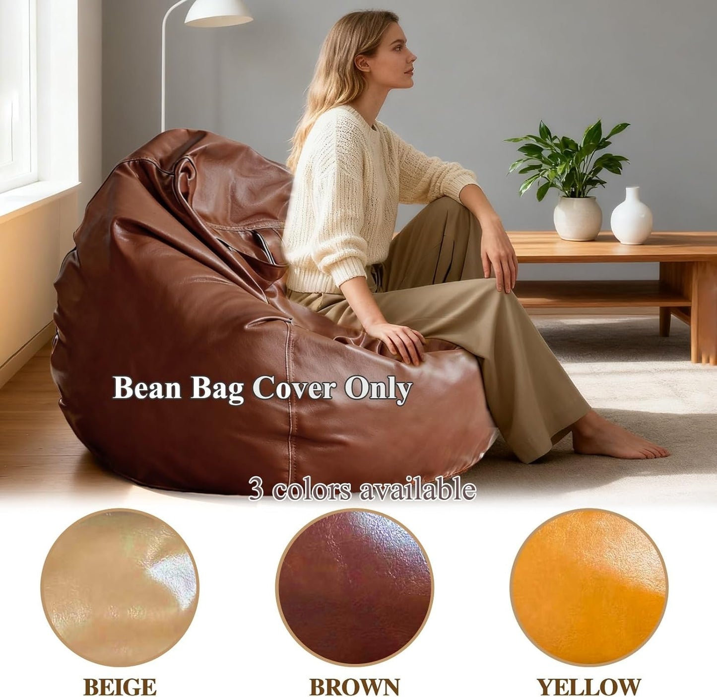 Bean Bag Chair Cover (No Filler) Luxury Faux Leather Lazy Sofa Floor Seating Pouf Lounge Envelope Beanbag Corner Seat Comfy Couch Storage Furniture for Adults & Teens(Brown Cover)