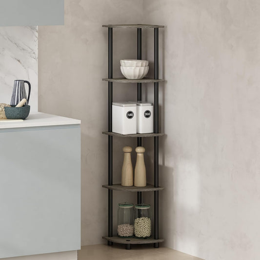 Furinno Turn-N-Tube Storage Shelves, 5-Tier Book Shelf, Corner Shelf with Open Shelves, Toollesss Assembly, for Organization and Storage, Living Room, Home Office, Hallway, Bedroom, Grey Oak