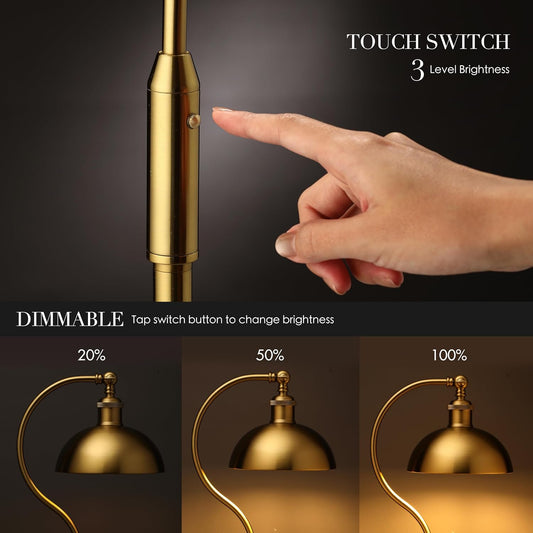 O’Bright Heritage - Banker’s Floor Lamp, 3-Level Touch Dimming, Adjustable Tilt Shade, Removable Lampshade Design, E26 Socket with 6W Dimmable LED Bulb, Gold Metal Shade, Antique Brass