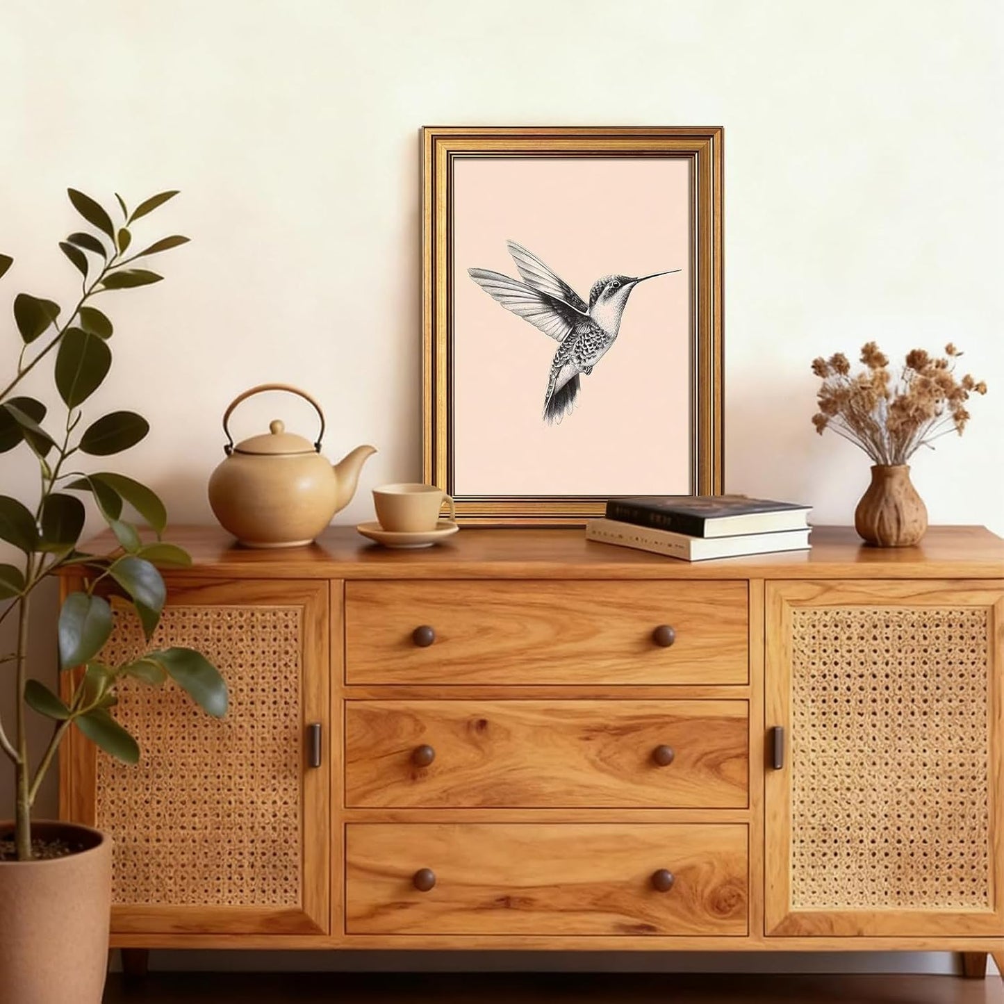 Gold Framed Hummingbird Wall Art - Vintage Black And White Bird Pictures Wall Decor, Simple Flying Bird Painting Canvas Prints, Rustic Cottage Sketch Artwork for Bathroom Hallway 12x16 Inch