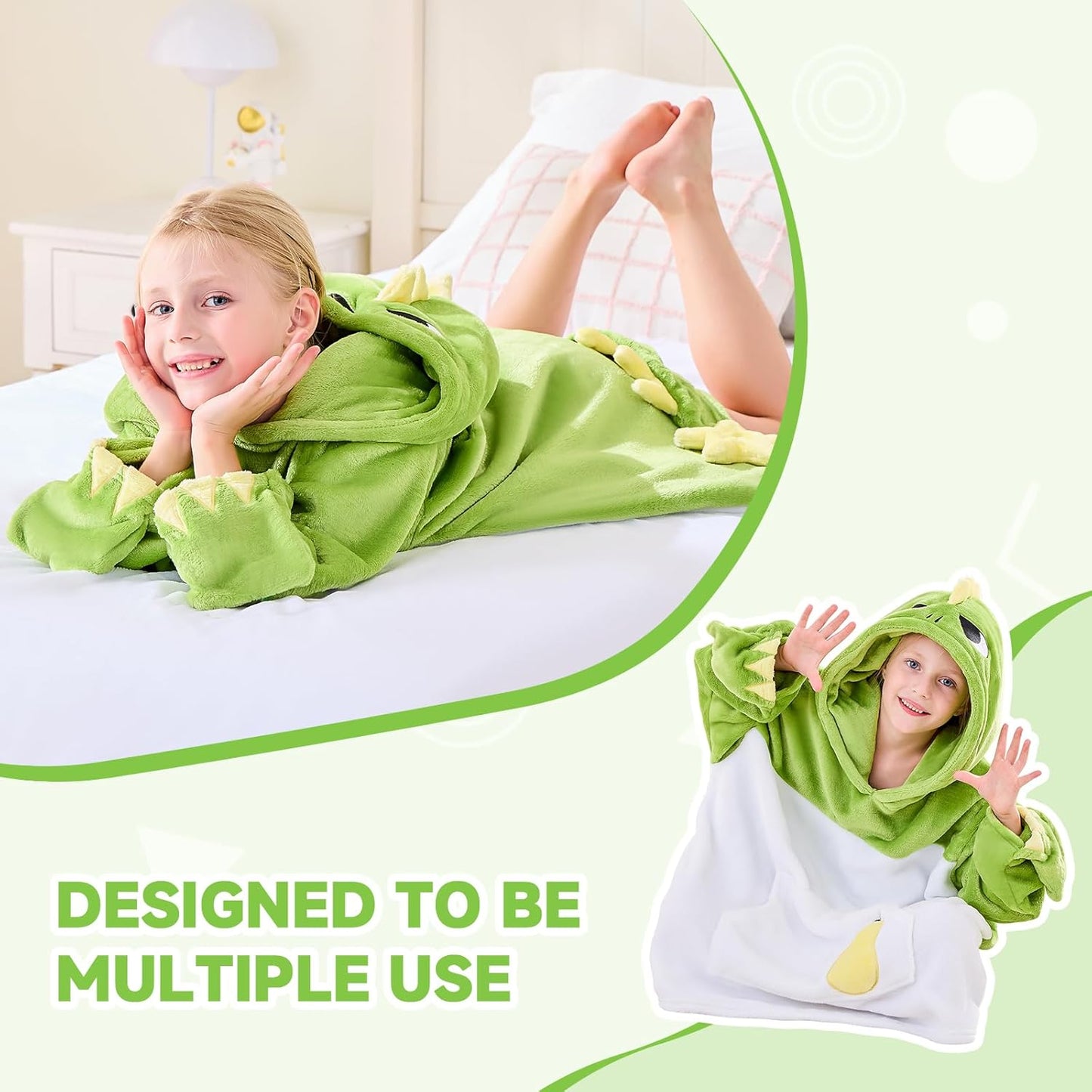 IFNOW Wearable Blanket Hoodie Kids, Oversized Fleece Blanket Sweatshirt Christmas Birthday Gifts for Boys, Girls, Teen Hoodie with Portable Foldable Blanket Pillow, Embroidery 5-15 Years, DinoPear