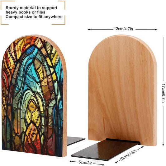 Stained Glass Art Bookend for Shelves Wooden Book End Large Size Sturdy Book Holders Stoppers with Metal Base for Bookshelves Slick Decorative Bookends Stands