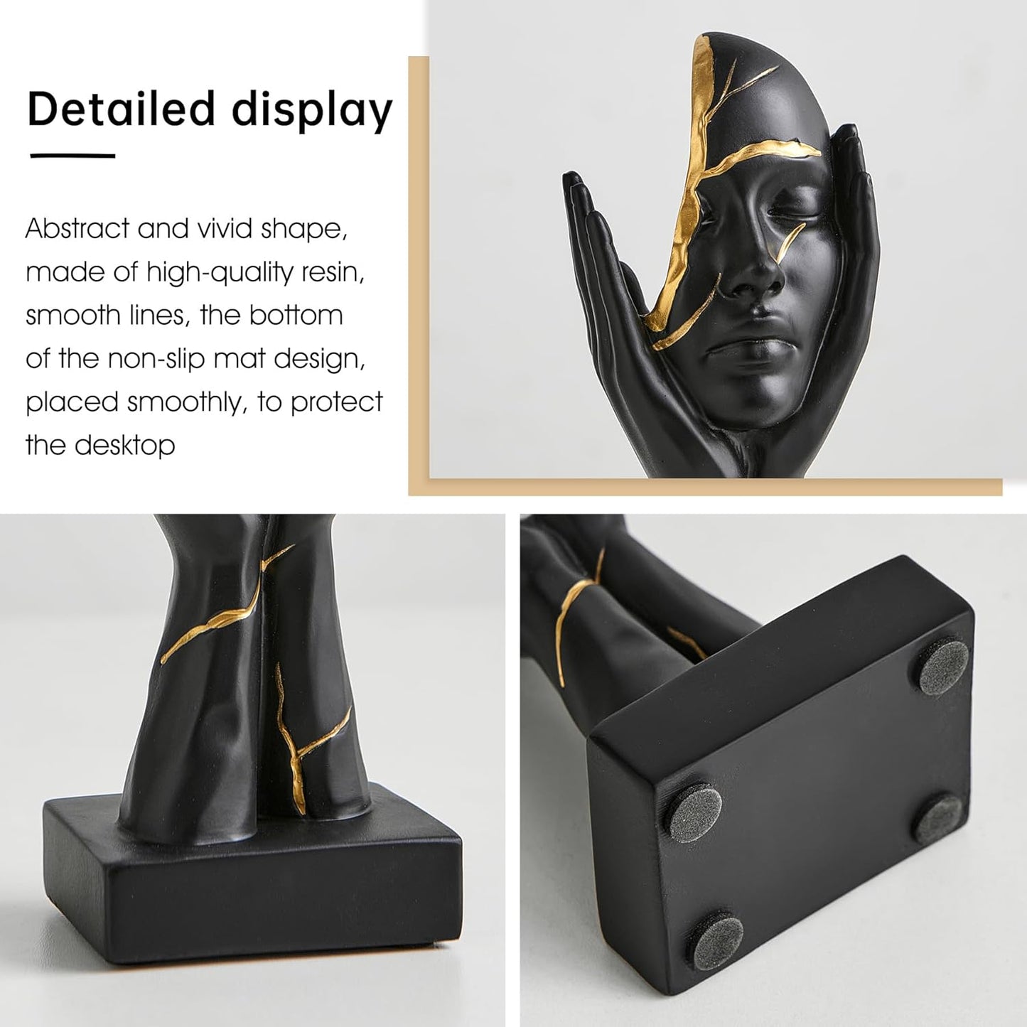 Black and Gold Decor Thinker Statues Set of 3, 7.5" H x 3.1" W Face Sculptures for Coffee Table Bookshelf Office Desk, Modern Abstract Art Sculptures Home Decor Living Room Decorations