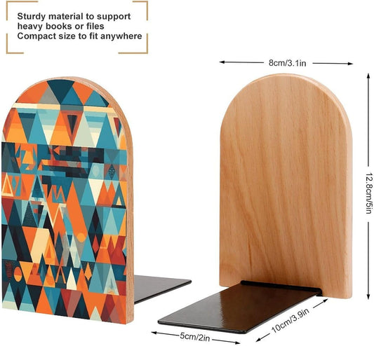 Colorful Geometric Shapes Bookends 1 Pair Heavy Duty Book Ends for Shelves Non-Skid Bookend Supports Wooden Book Holders with Metal Base Desk Organizers Books Storage to Hold Books