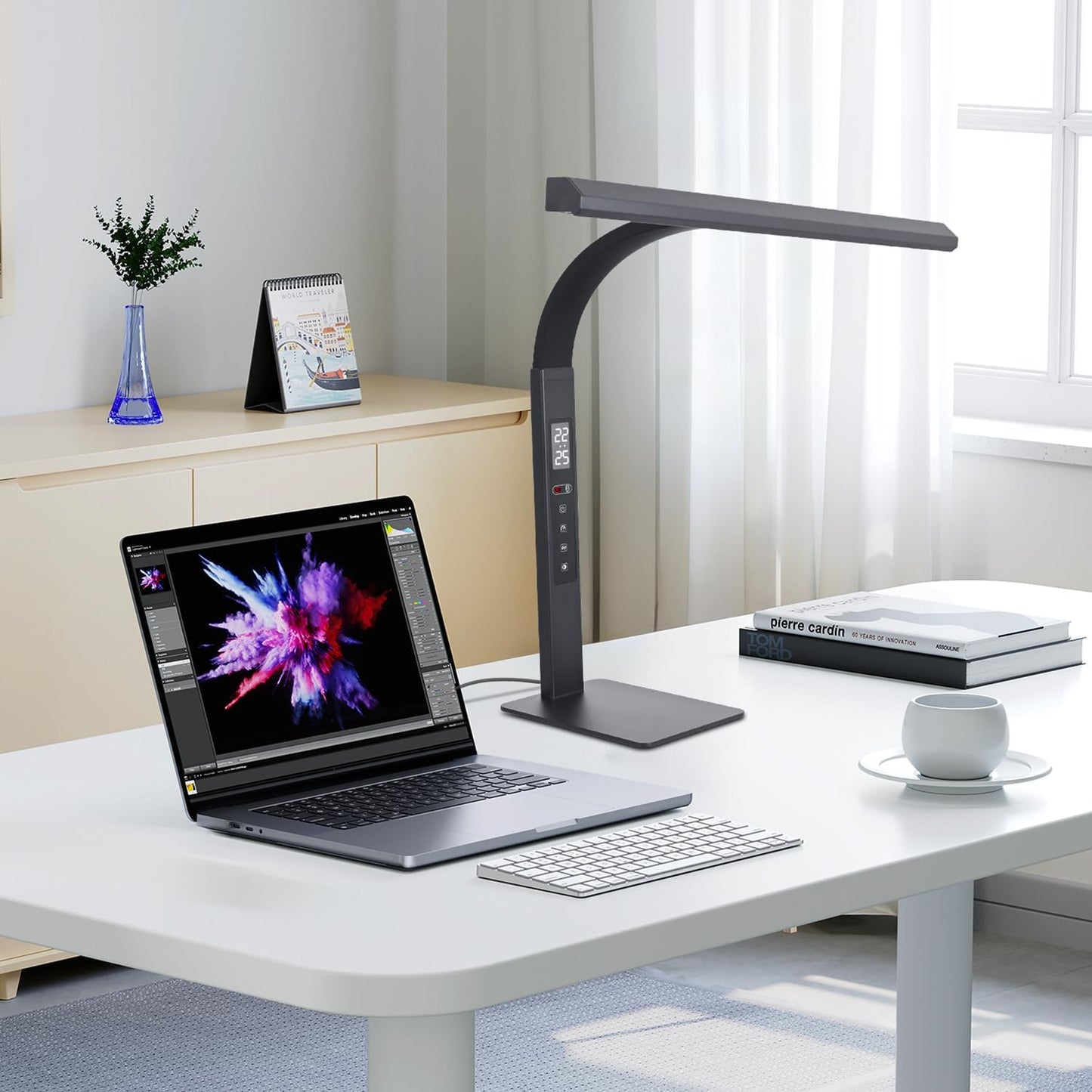 LED desk lamp for home office, architect computer work light,Touch color temperature stepless dimming and adjustable flexible gooseneck tube. desk lamp with clock , suitable for reading and studying.