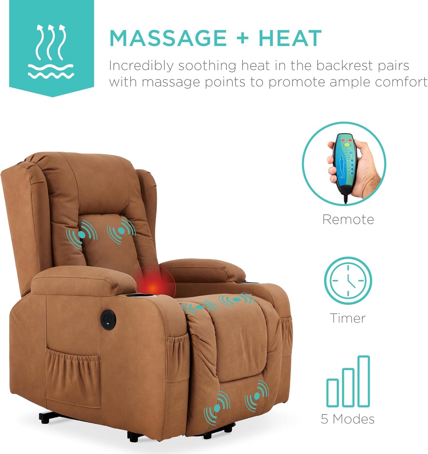 PU Leather Electric Power Lift Chair Recliner Massage Chair, Adjustable Furniture for Back Easy-to-Reach Side Button Cupholders Legs w/ 3 Positions USB Port Heat