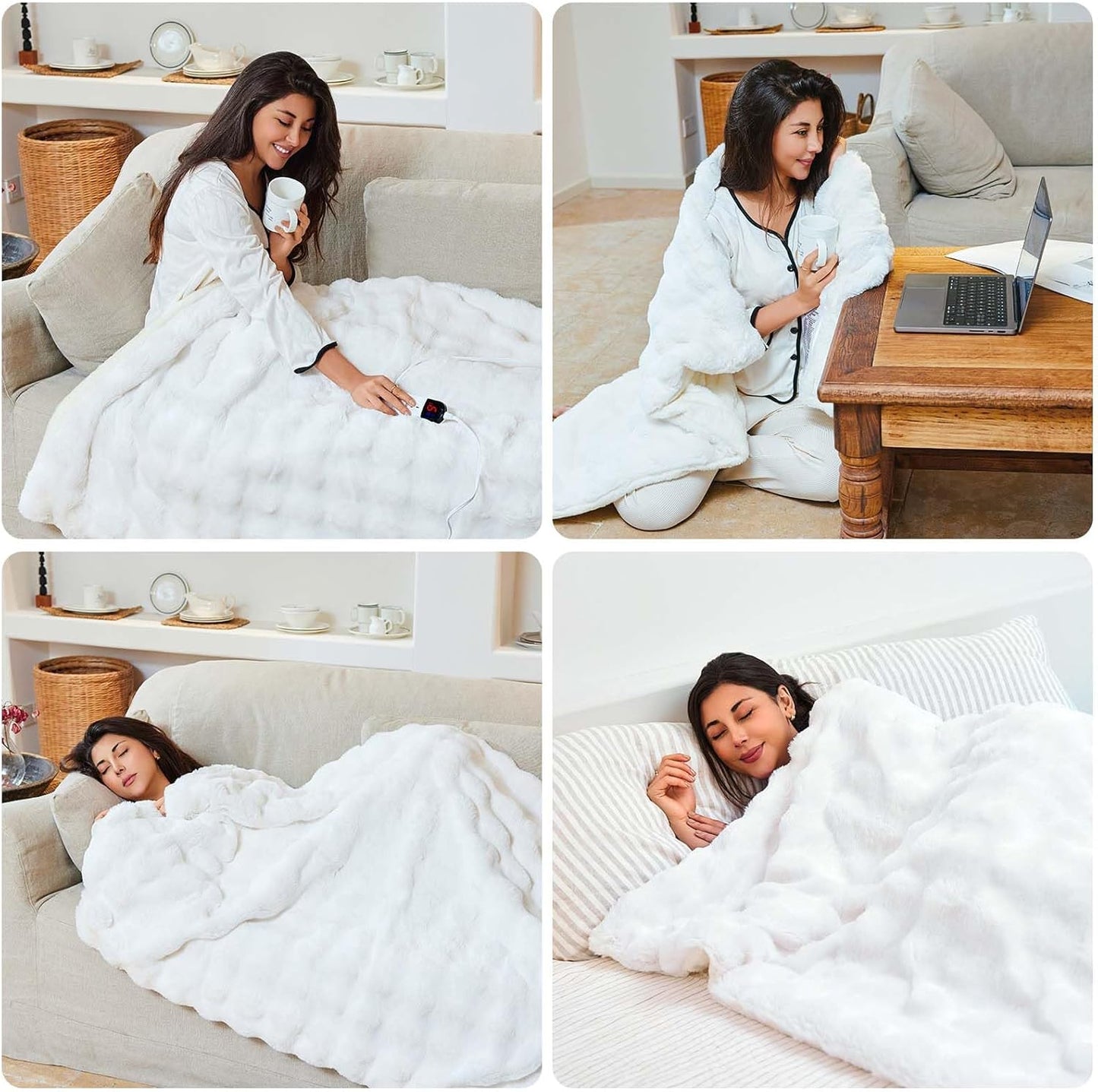 Heated Blanket Throw with 6 Fast Heating Levels,4 Hours Auto-Off,50x60 Cozy Faux Rabbit Fur Bubble Washable Electric Blanket with Overheating Protection,ETL Certification(Cream)