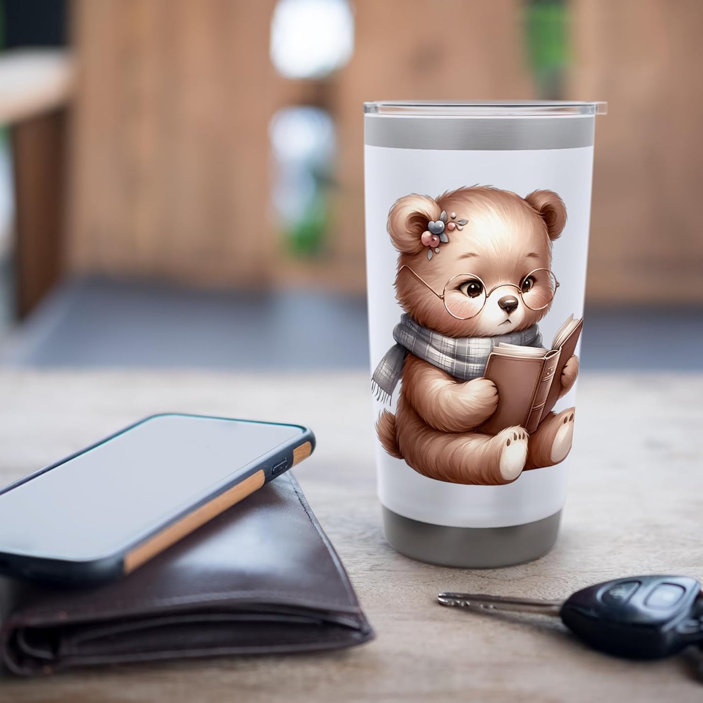 Adorable Bear Reading Book Cute Design Stainless Steel Insulated Tumbler