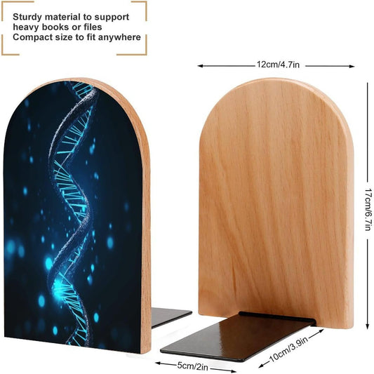 Blue DNA Structure Bookend for Shelves Wooden Book End Large Size Sturdy Book Holders Stoppers with Metal Base for Bookshelves Slick Decorative Bookends Stands