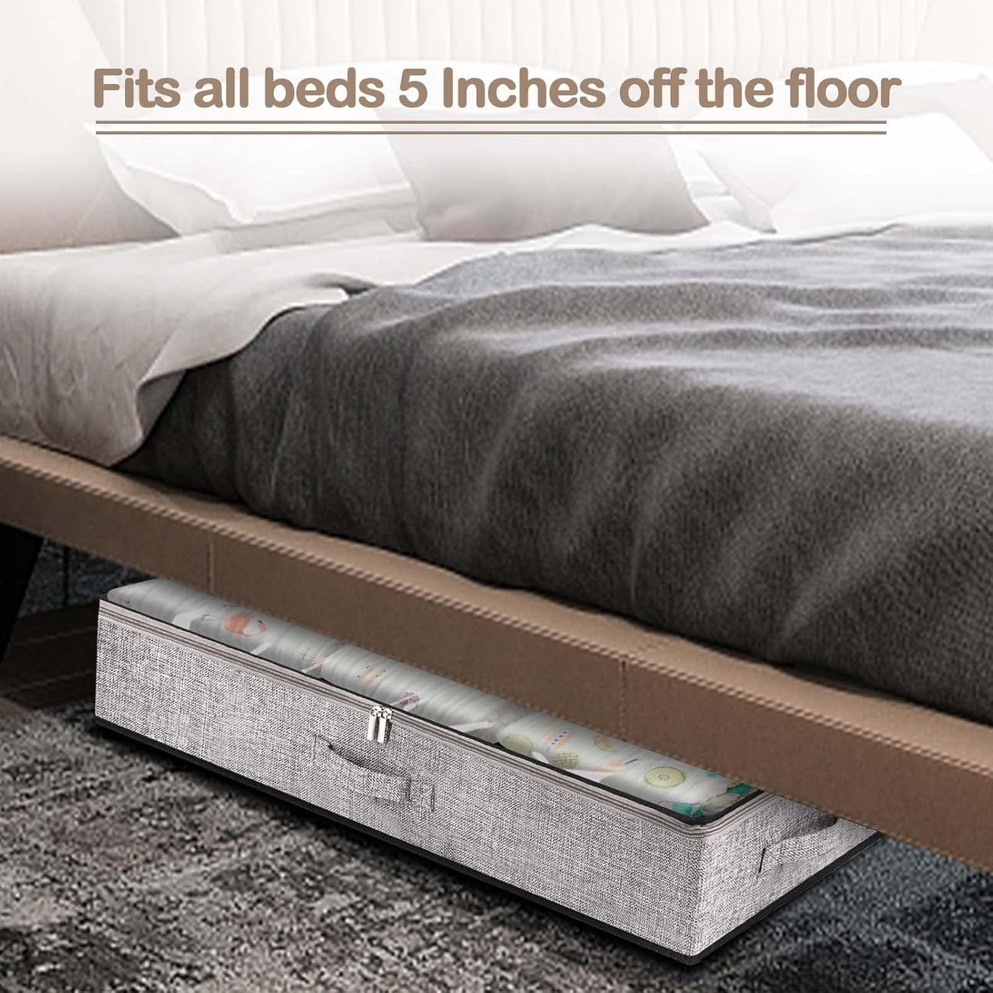 Underbed Storage Containers, Underbed Clothes Organizer Bins with Sturdy zipper, Foldable Under the Bed Storage Bags for Organizing Clothes, Shoes, Blankets, Quilts, Toys, 2 Pack Grey