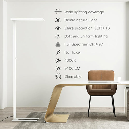 STERREN 76" Led Floor Lamp, 120W White Modern Free-Standing Lamp,9100LM Dimmable Full Spectrum Eye-Care Tall Reading Lamp for Study Room,Office,Meeting Room,4000K Natural Daylight