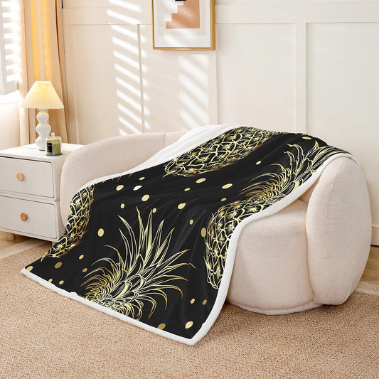Feelyou Pineapple Fleece Throw Blanket Black Gold Pineapple Printed Sherpa Blanket for Kids Boys Girls Polka Dot Decoration Luxury for Sofa Bed Couch Twin 60x80 Inch