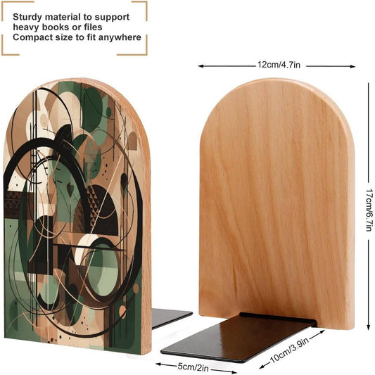 Green Circle Pattern Bookend for Shelves Wooden Book End Large Size Sturdy Book Holders Stoppers with Metal Base for Bookshelves Slick Decorative Bookends Stands