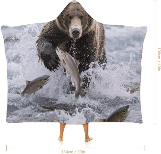 Bear Catching Fish Wearable Hoodie Blanket for Women Men Fleece Blanket with Hood Oversized Warm Cozy Gifts