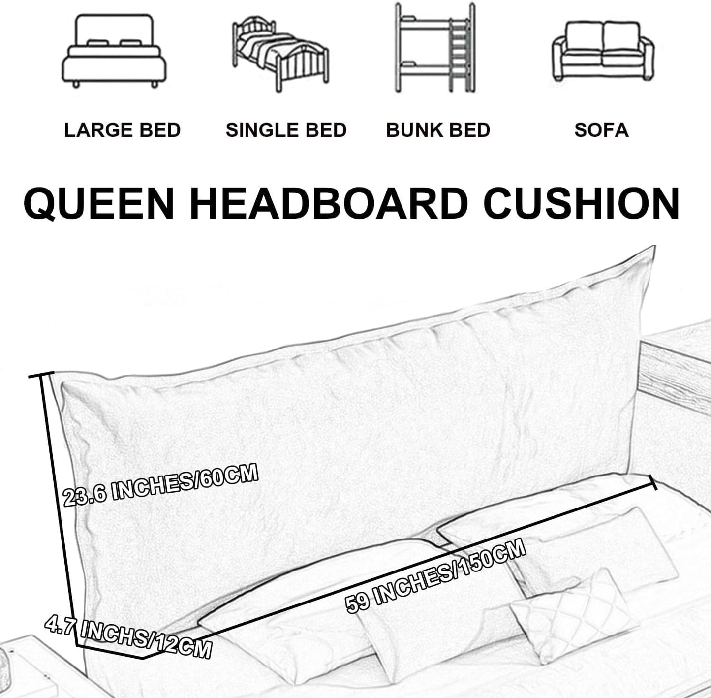 Large Ergonomics Backrest Wedge Headboard Cushion Reading Pillow Bed Back Support for Sitting Up in Bed Bolster(Size:No headboard 59"/150cm,Color:G)