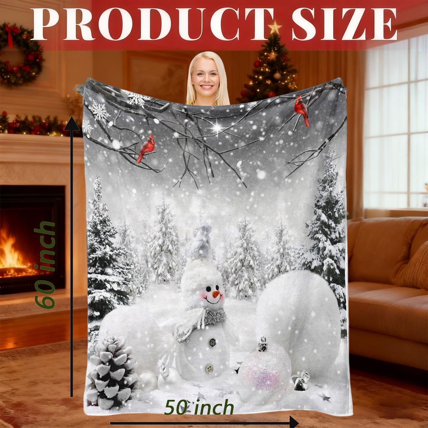 Merry Christmas Winter Throw Blanket, Snowman Xmas Pine Tree Forest Farmhouse Warm Flannel Blanket for Living Room Couch Bed Chair or Dorm, 50x60 Inch