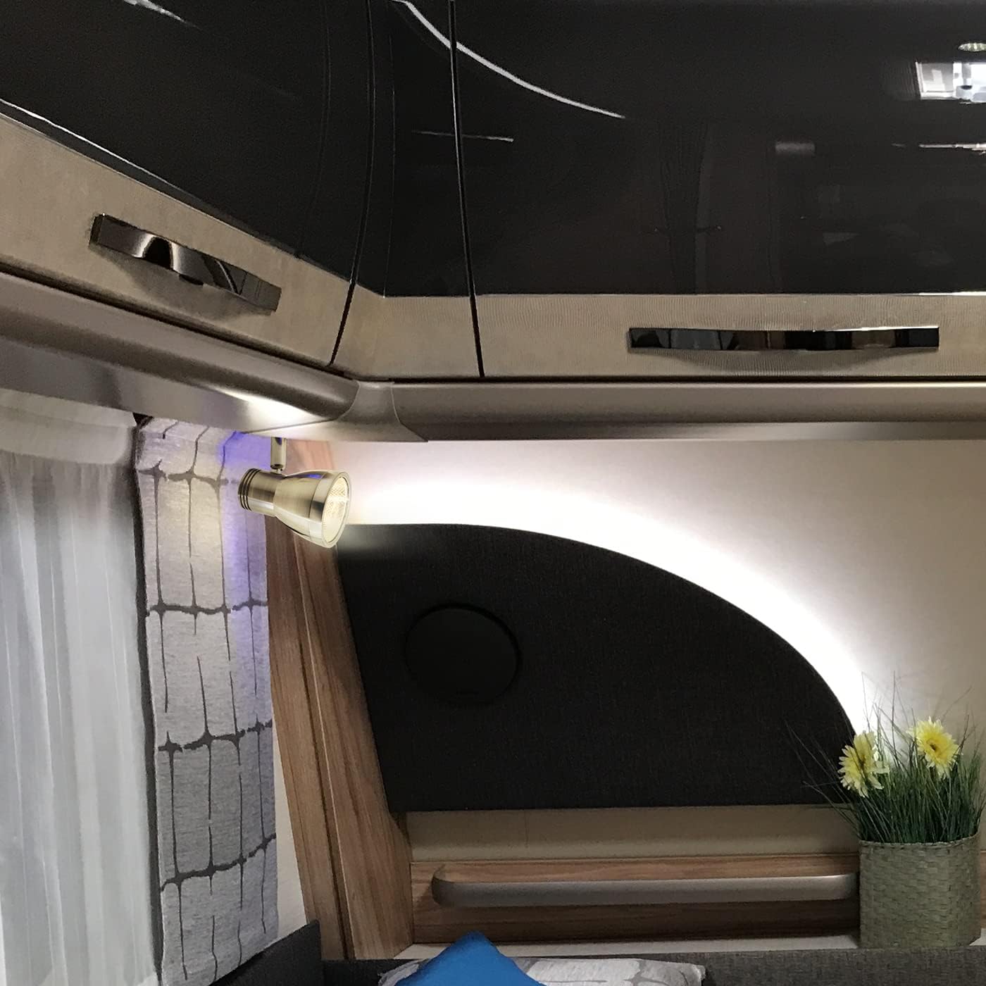 THALASSA RV Overhead Reading Light 12V LED Spotlight Camper Motorhome Interior Warm Light Brushed Nickel with Blue Small Reminder Light, Adjustable Touch Dimmer Switch 3W DC 10-30V