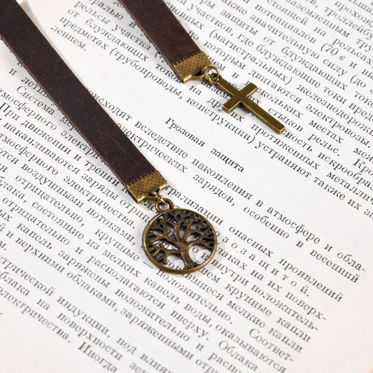 Donxote Handmade Long Leather Straps Bookmark, Tree of Life Bible Bookmarks with Retro Cross, Christian Saint Book Mark, Ideal Catholic Gift (Style 12)