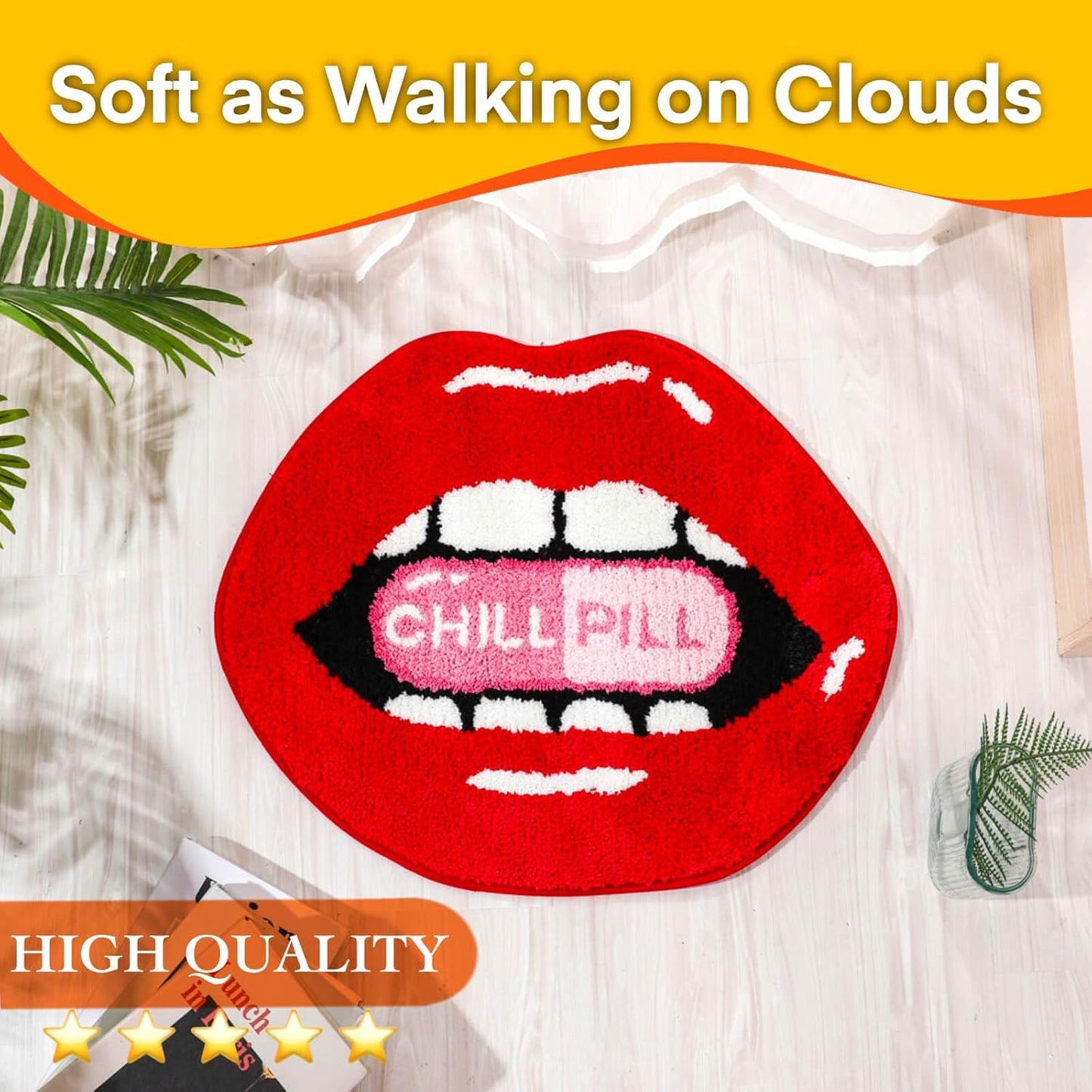 Red lips Bath Mat for Bathroom, Valentine Red Lips Bathroom Rug Non-Slip for Shower, Soft Absorbent Microfiber Bathtub Lips Rugs, Funny Cute Chill Pill Small Washable Floor Mats Kids Room Decor
