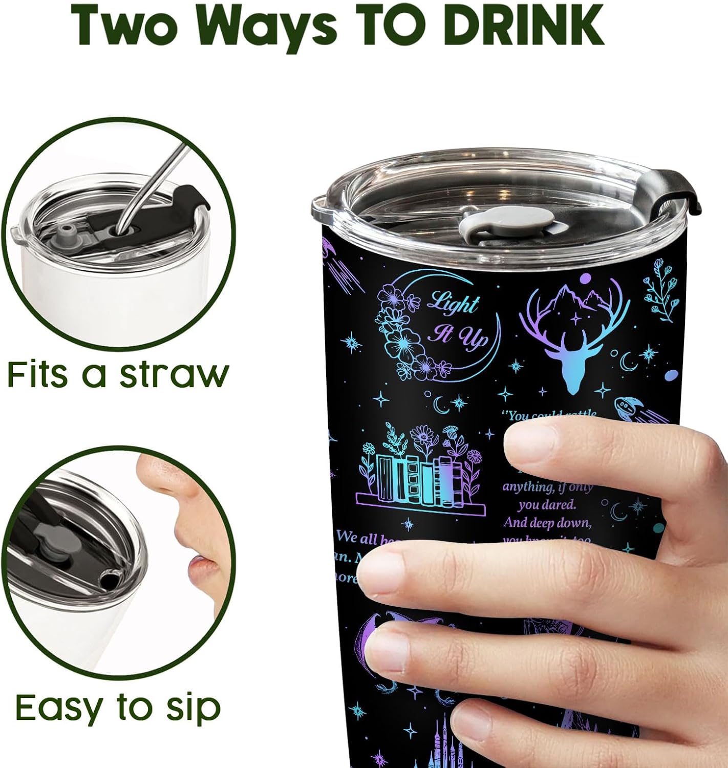 34HD Galaxy City of Starlight Tumbler 20oz Stainless Steel Insulated - Fantasy Book Lover Gift for Readers - Double Wall Vacuum Travel Mug Black Deer Castle