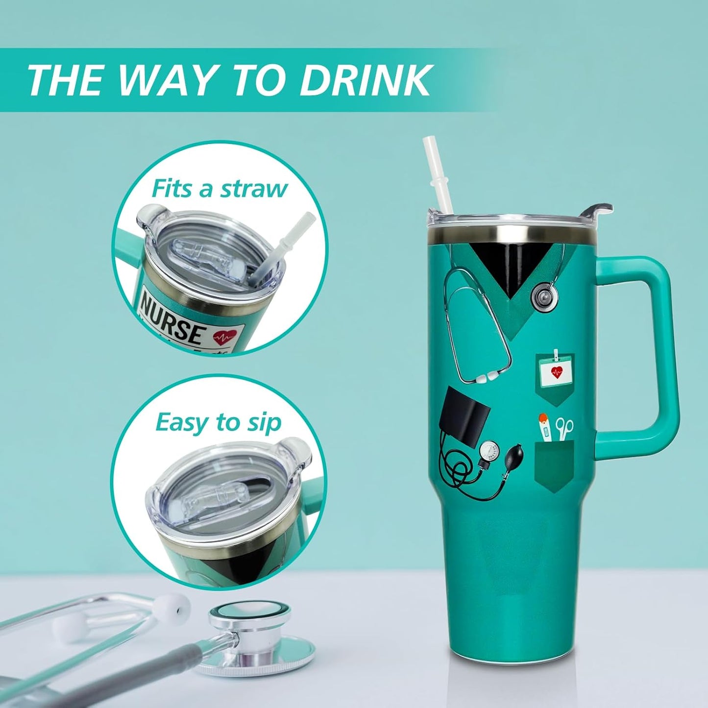 Nurse Cup Gifts for Women Men, 40 Oz Tumbler with Handle and Straw, Nursing Practitioner Appreciation Graduation Nurse Week Teal Insulated Stainless Steel Water Bottle 1PC