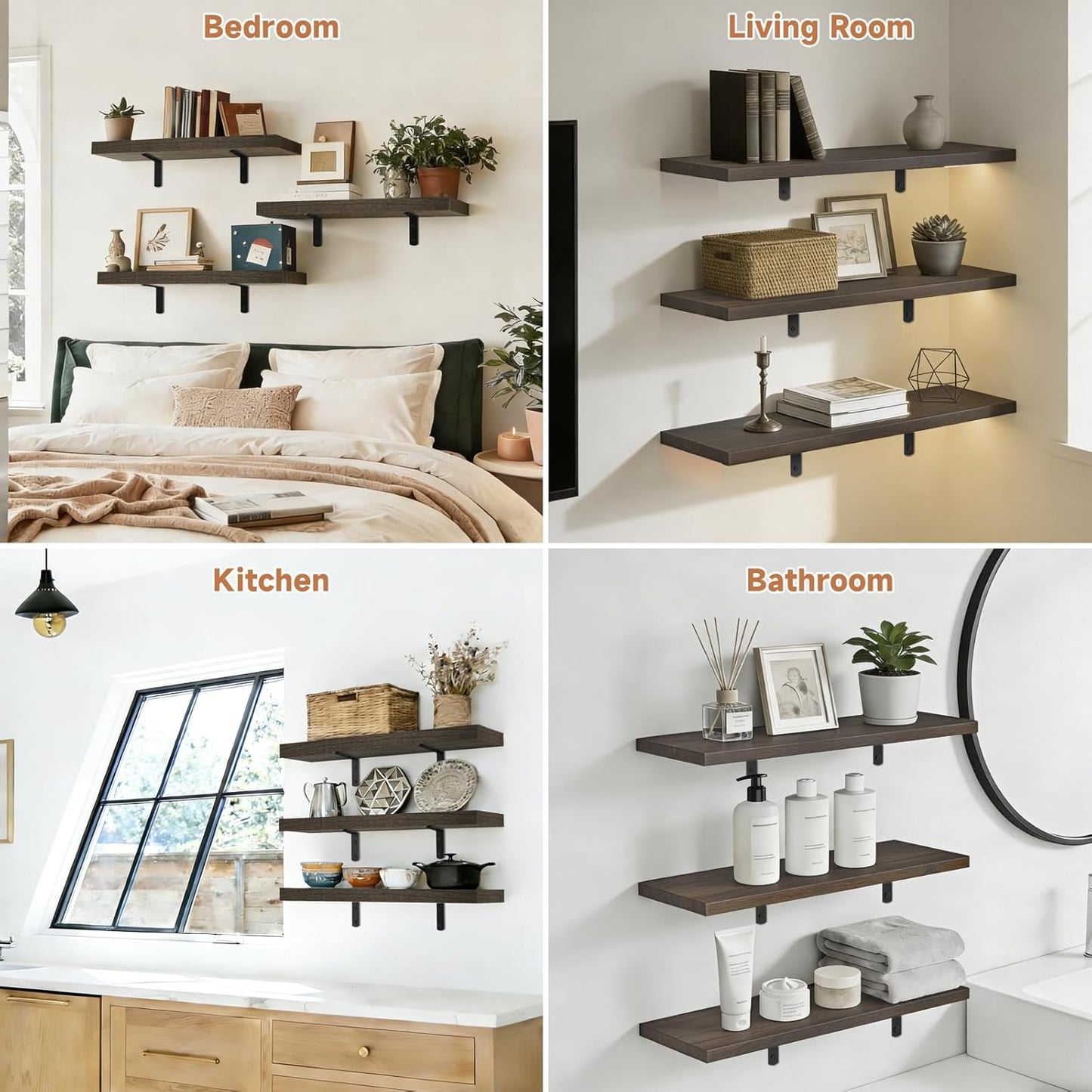LifetimeWarranty Wall Shelves With Brackets, NOT Floating Easy Install 15.7Inch Solid Wood Shelf 3PCS,Picture Ledge Display Shelf for Living Room Bedroom Kitchen,House Decor Shelf for Book Plant Frame