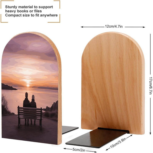 Sunset Wooden Bookend Non-Slip Book Ends Heavy Duty Book Stopper with Metal Base Books Holderd Decorative Bookends Stands Firmly for Office Supplies