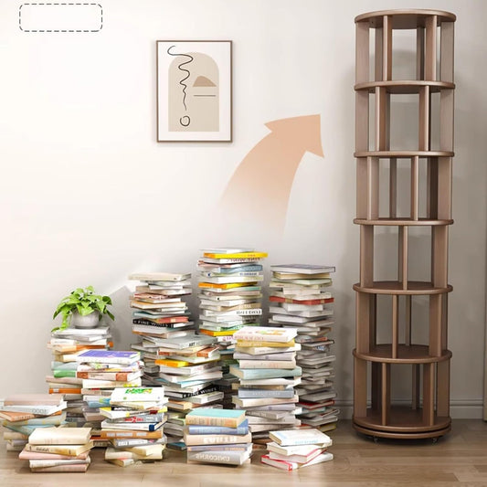 Quincunx Rotating Bookshelf 360° Revolving Bookcase Modern Floor Standing Storage Display Book Shelf Stackable Shelves Narrow Bookshelf (Walnut 3 Tier) (Walnut 4 Tier)