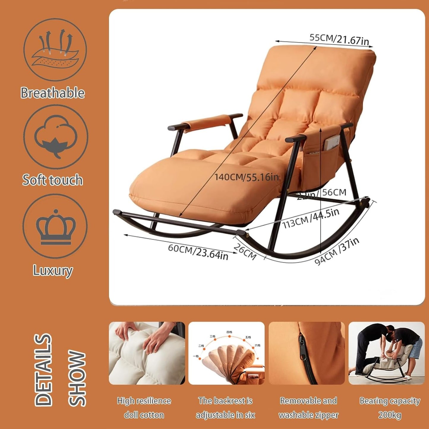 Comfy Chair For Bedroom with Multi-level adjustment,comfy Living Room Chairs ,outdoor Patio Furniture with Intimate armrest storage bag,patio Chairs,rocking Chair ,chairs Living Room, Bedroom ( Color