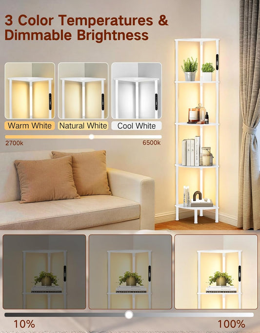 5-Tier Corner Bookshelf with LED Lights, Touch & Remote Control, 3 Color Temperatures, Dimmable Narrow Display Shelf with 1-Hour Timer for Living Room, Bedroom, Office (White)