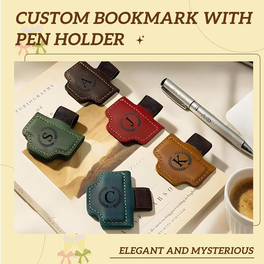 MOTEERLLU Bygone Mark Personalized Magnetic Leather Pen Holder Bookmark, Custom Bookmarks with Initial for Reading Women, Men, Teachers, Book Lovers Gifts(Red J)