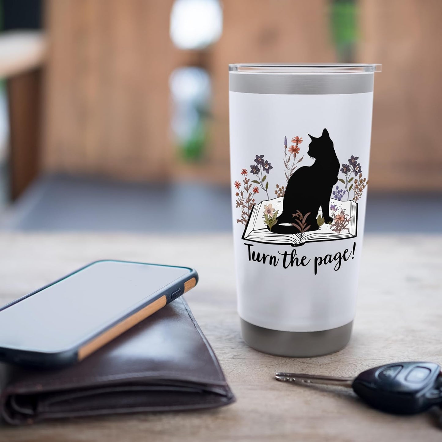 Turn the Page Books & Cats Black Cat Women Floral Book Lover Stainless Steel Insulated Tumbler