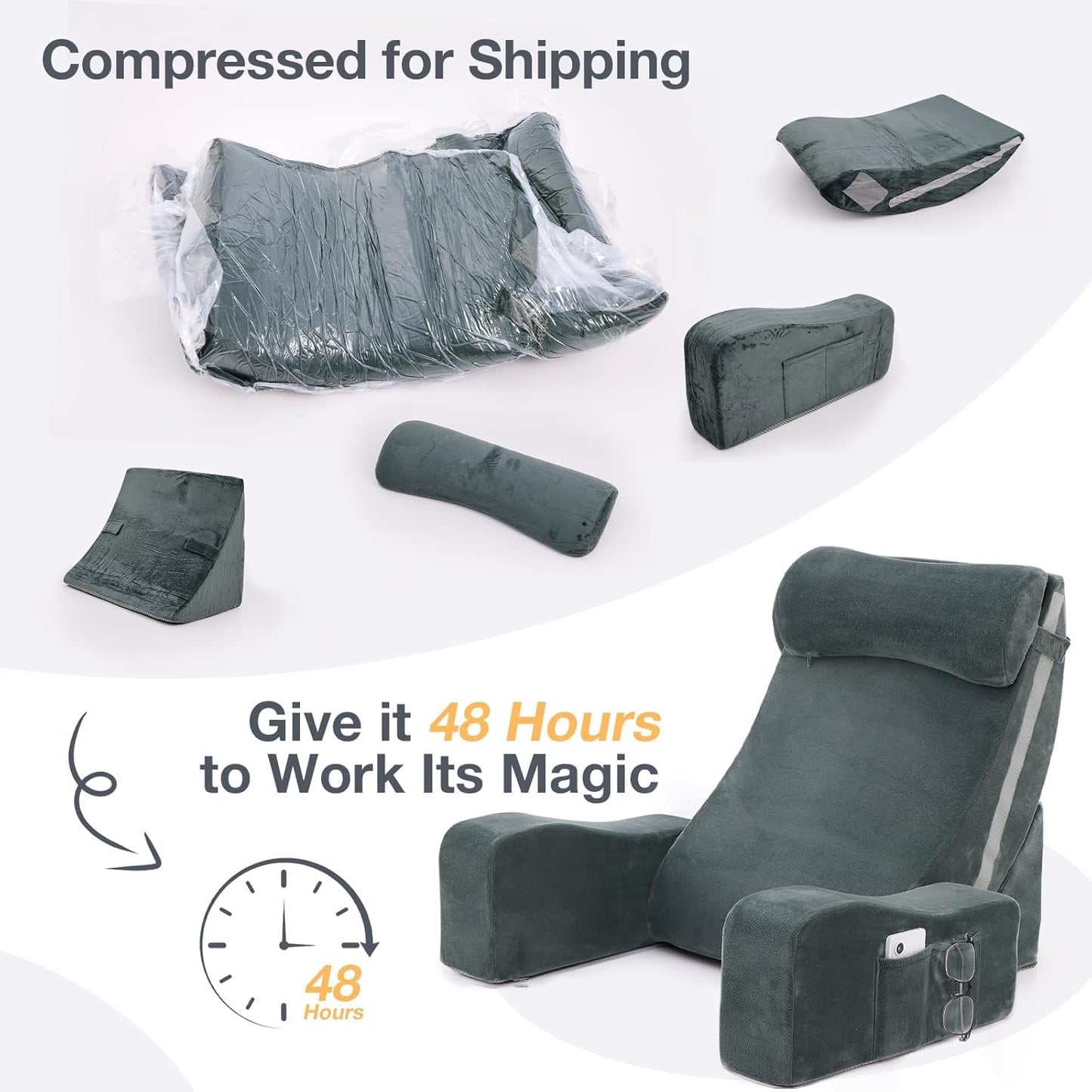 Sasttie Reading Pillow with Armrests, 15–25 Inch Adjustable Back Support Pillow for Bed Sitting Up, Memory Foam Back Rest Cushion Bed Chair for Reading, Gaming & Relaxing, Dark Grey