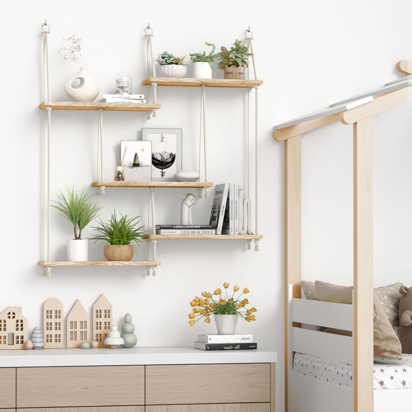 Hanging Shelves for Wall,Macrame Hanging Plant Shelf with Vine Lights 5 Tier Rope Floating Shelf Wood Organizer Storage Rack Boho Wall Decor Aesthetic for Succulents Bedroom Bathroom Kitchen