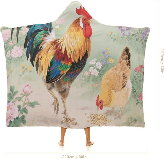 Beautiful Rooster Hen Wearable Hoodie Blanket for Women Men Fleece Blanket with Hood Oversized Warm Cozy Gifts