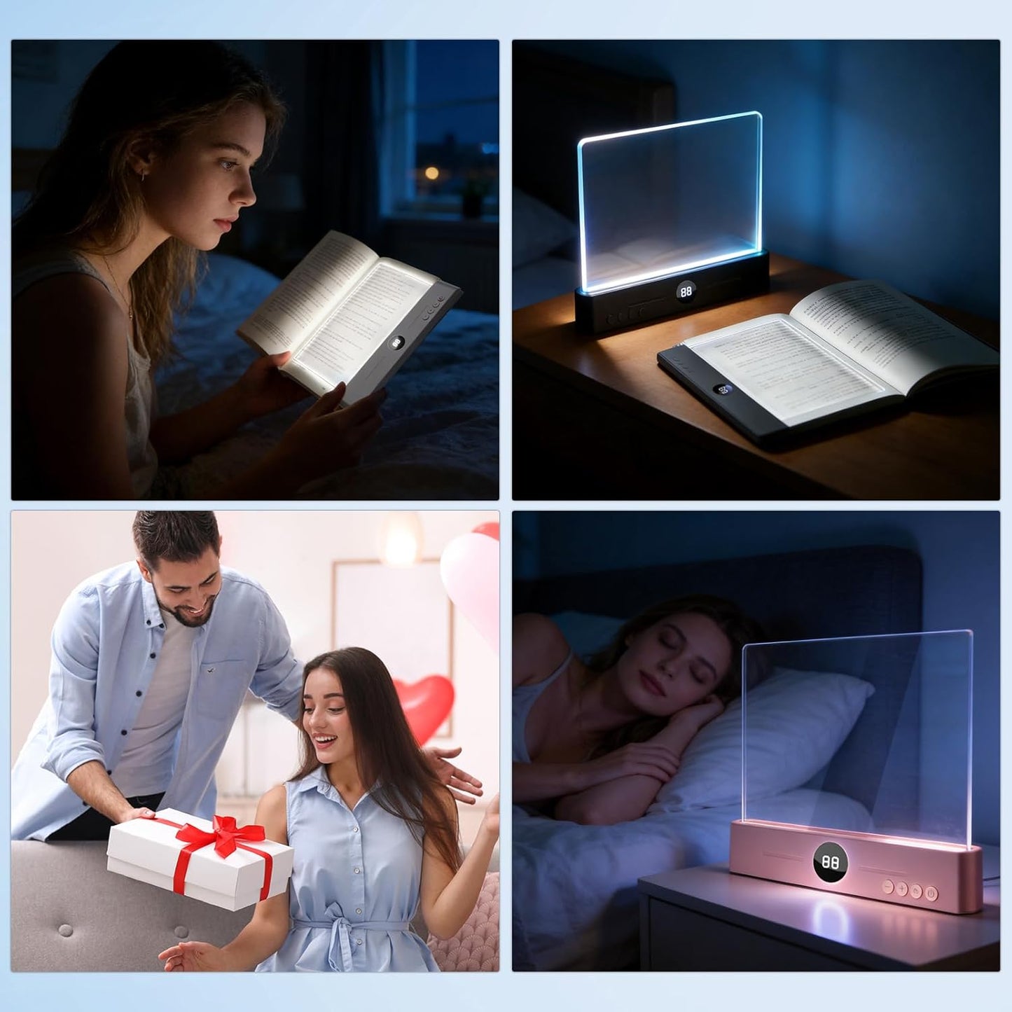 LED Clear Flat Book Light,Rechargeable Clear Flat Panel Reading Lamp with 3 Color Temperatures, Dimmable & Timer, Full Page Illumination for Bedtime Reading, USB-C Charging (Pink)
