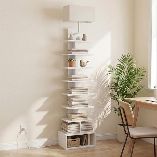 HOOBRO Narrow Bookshelf, 9-Tier Lamp Bookshelf with Light, Spine Book Shelf for Small Apartment, Tall Floor Standing Book Organizer, for Living Room, Office, Bedroom, White WW09DSJ01