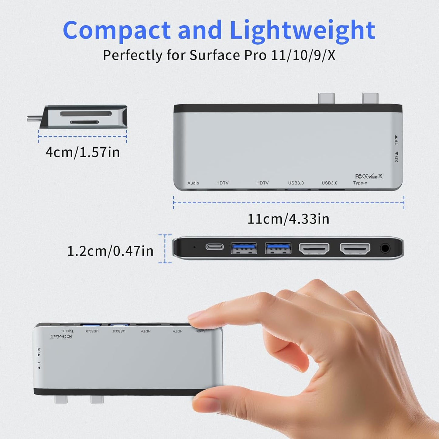 Surface Pro 11 Accessories Docking Station with Dual 4K@60Hz HDMI, USB-C Thunerbolt 4 (Display+Data+100W Charging), 2 USB 3.0, SD/TF, 3.5mm Mic, USB C Hub Adapter for Surface Pro 11/10/9/X