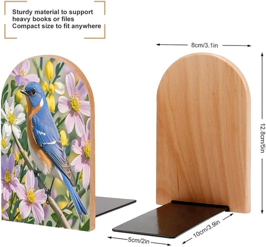 Bluebird and Flowers Bookends 1 Pair Heavy Duty Book Ends for Shelves Non-Skid Bookend Supports Wooden Book Holders with Metal Base Desk Organizers Books Storage to Hold Books